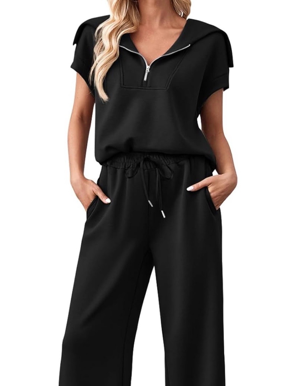 MEROKEETY Black Wide-Leg Athleisure set with Zip Sailor Collar